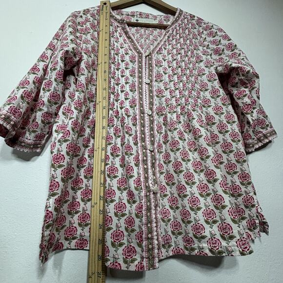 Ella Simone Pink Floral Button Up Top Medium Pleated Tunic Boho Girly Cottage - Picture 8 of 8